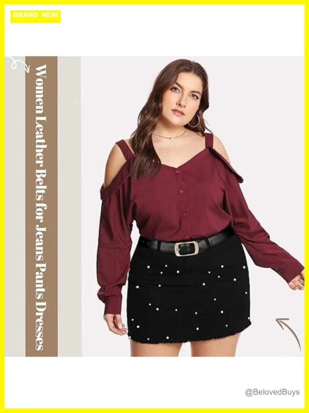 Women's Faux Leather Fashion Belt with Gold Buckle, Adjustable Waist Belt for